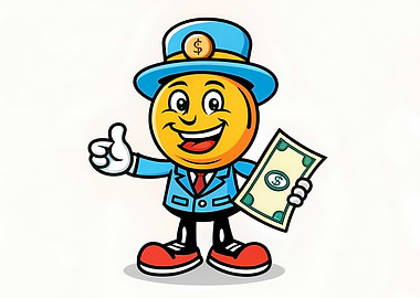 Dapper Coin Mascot in Blue Suit Holding Dollar — Thumbs-Up Cartoon Money Character
