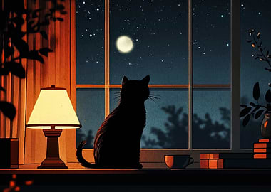 Cat Silhouette by Window at Night