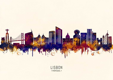 Lisbon, Portugal Skyline Watercolor
