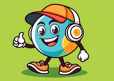 Cheerful Round Mascot with Headphones and Cap — Thumbs Up Cartoon Character
