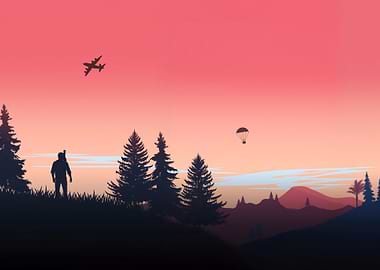 Sunset Landscape with Airplane and Hiker