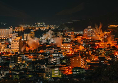 Beppu by Night with steam and lights