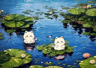 Cats in a pond with lilypads