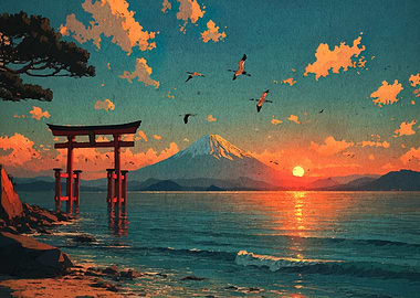 Mount Fuji Sunset with Torii Gate