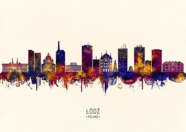 Lodz, Poland Skyline Watercolor Silhouette
