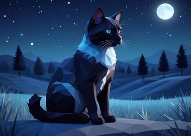 Geometric Cat Under Moonlight