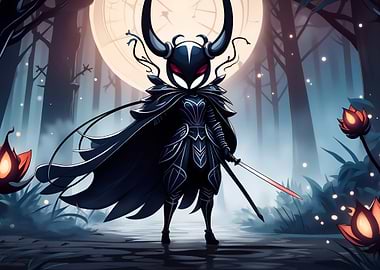 Hollow Knight-inspired character in dark forest