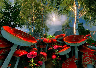 Mushroom Forest with Sunlight