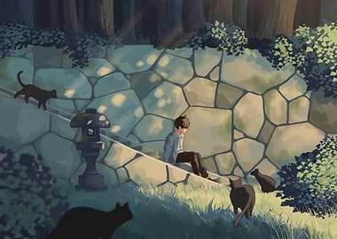 Boy with Cats on Stone Steps