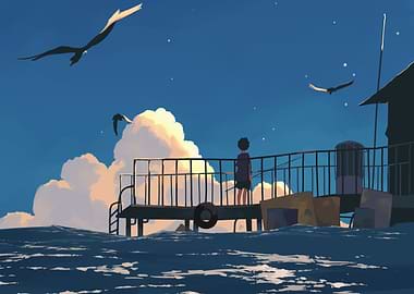 Boy Gazing at Sea and Birds
