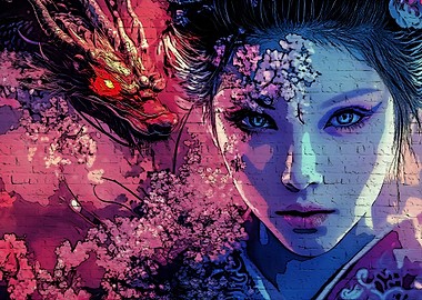 Geisha and Dragon Digital Art