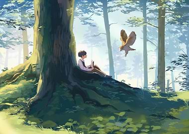 Boy Reading Under Tree with Owl