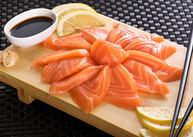 Salmon Sashimi with Soy Sauce and Lemon