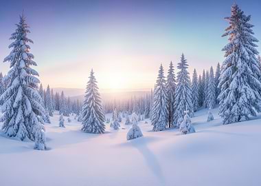 Snowy Winter Forest at Sunrise