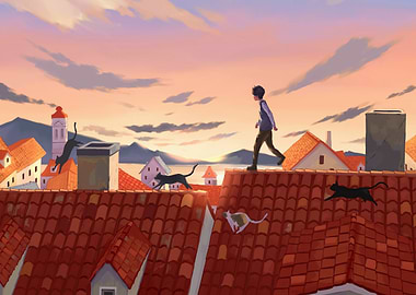 Rooftop Walk with Cats at Sunset