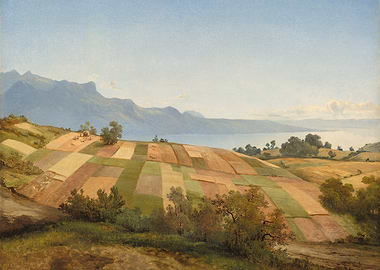 Landscape with fields and mountains