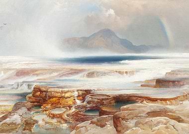 Landscape painting with rainbow and mountains