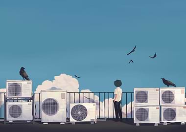 Rooftop Serenity with Crows and Air Conditioners