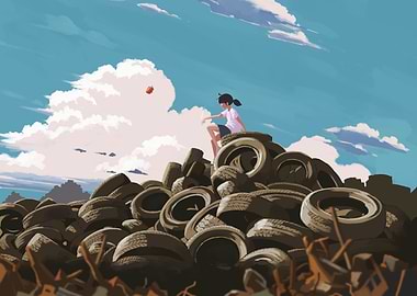 Girl on Tire Mountain with Red Object