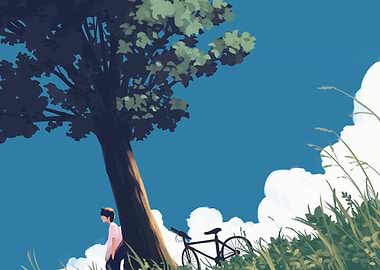 Boy, Bike, and Tree on Hill