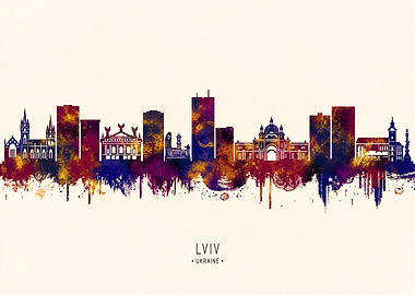 Lviv Ukraine Skyline Watercolor Silhouette