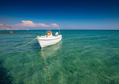 White Boat in Clear Turquoise Water, Kos, Greek Island