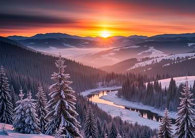 Winter Mountain Landscape at Sunset