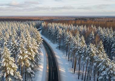 Winter road through snowy forest landscape