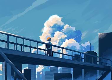 Cityscape View with Figure on Bridge