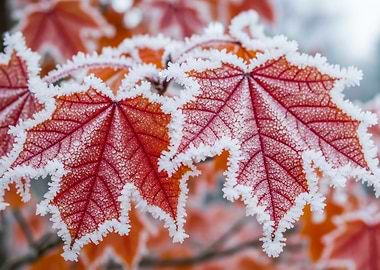 Frosty Red Maple Leaves Close-Up