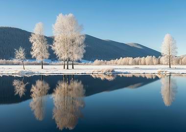 Winter landscape with frosted trees reflection