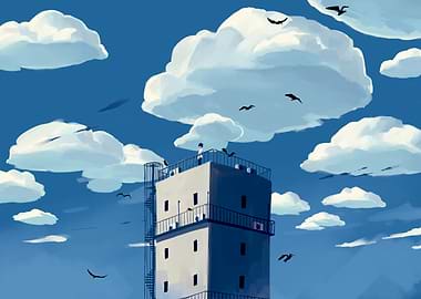 Tower, Clouds, and Birds in Blue Sky