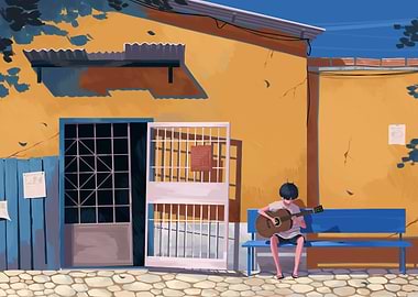 Boy playing guitar outside building