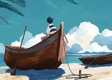 Boy in Boat by the Sea