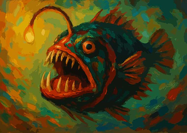 Anglerfish Painting with Open Mouth