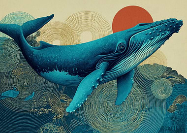 Blue Whale in Abstract Ocean Art