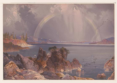 Coastal Landscape with Rainbow and Birds