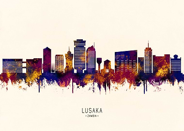 Lusaka, Zambia Skyline Watercolor Silhouette