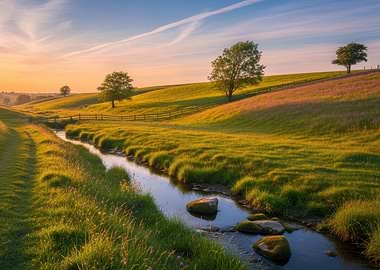 Idyllic Countryside Stream at Sunset