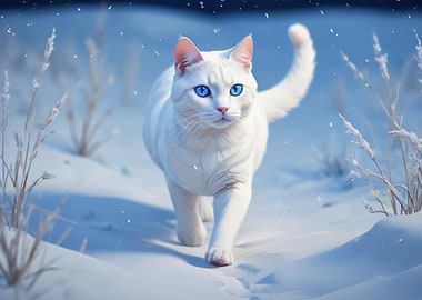 White Cat in Winter Snow