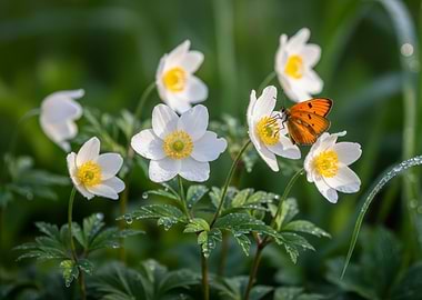 Butterfly on White Anemone Flowers