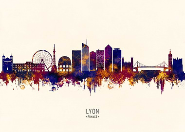 Lyon France Skyline Watercolor Silhouette