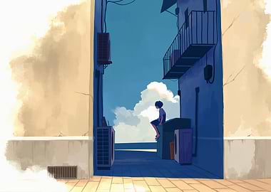 Boy Sitting in Alleyway Digital Art