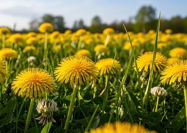Field of Yellow Dandelions in Bloom