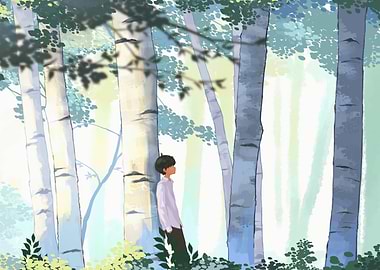 Boy in Birch Tree Forest Illustration