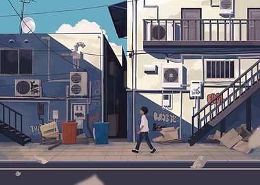 Urban Alleyway Scene with Walking Figure