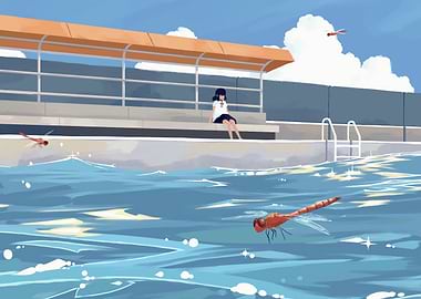 Girl by the pool with dragonflies