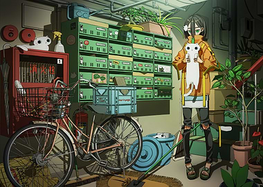 Girl with Cat in Cluttered Room