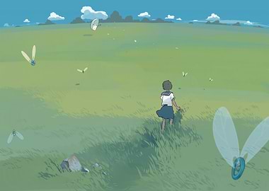 Girl in Field with Flying Objects