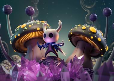 Hollow Knight in a Crystal Forest